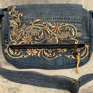 BKE Embroidered Denim Crossbody Bag